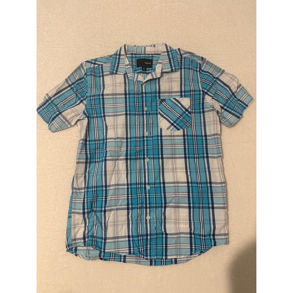 Hurley Mens Blue White Plaid Short Sleeve Button Down Shirt Small‎ Surf Skate